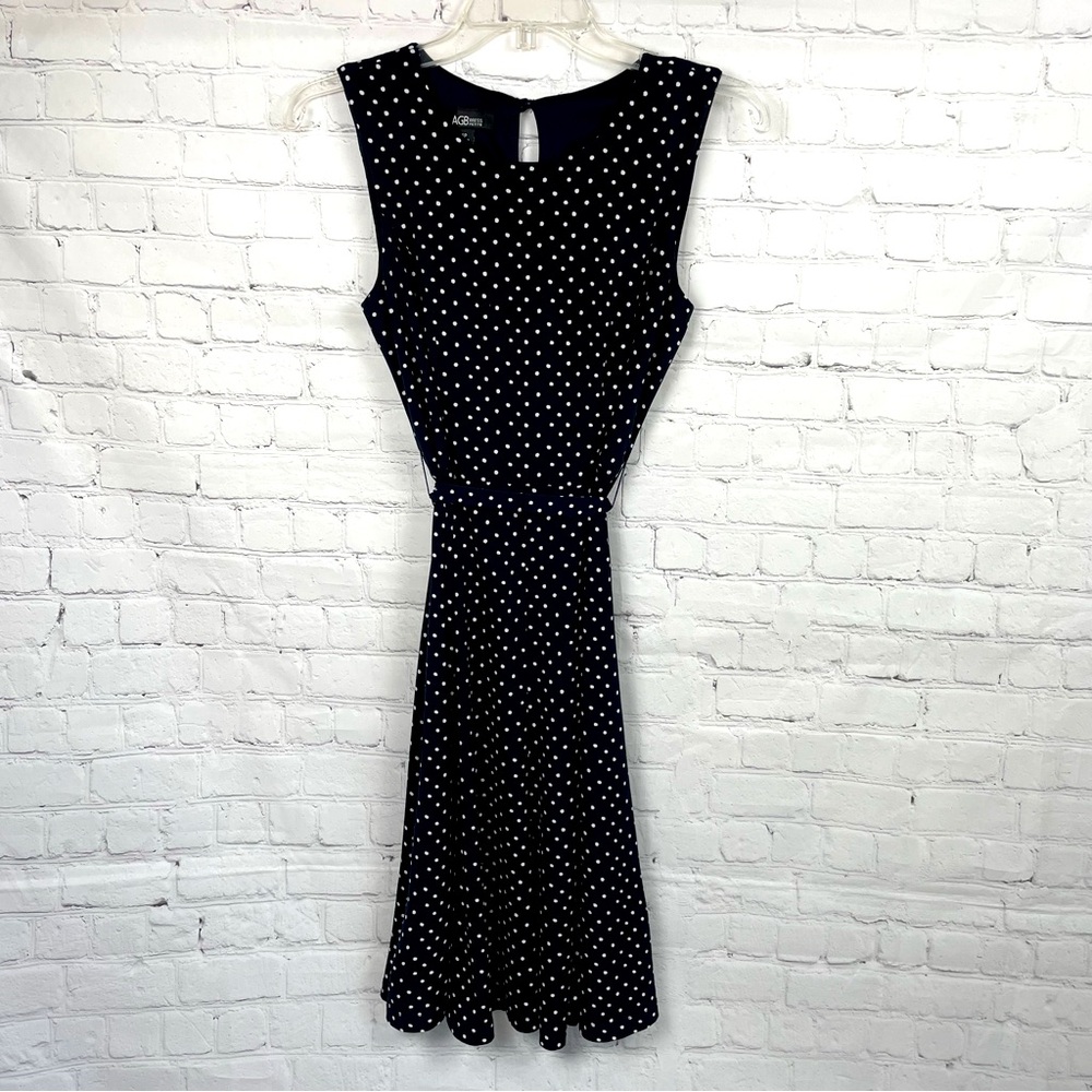 AGB Petites Navy Blue With White Polka Dots Sleeveless Dress Size 4P